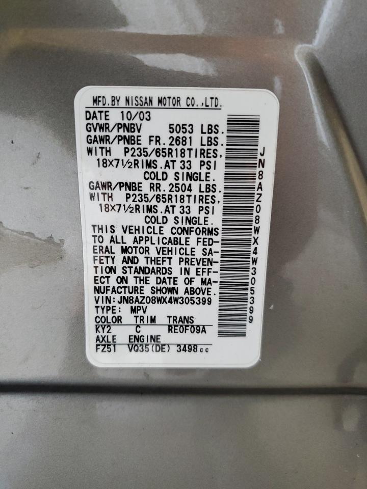 2004 Nissan Murano Sl VIN: JN8AZ08WX4W305399 Lot: 59251874