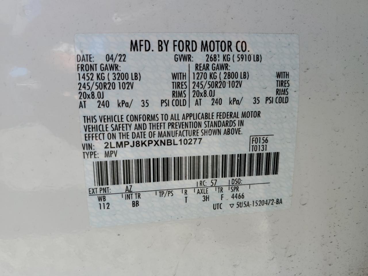 2022 Lincoln Nautilus Reserve VIN: 2LMPJ8KPXNBL10277 Lot: 59102474