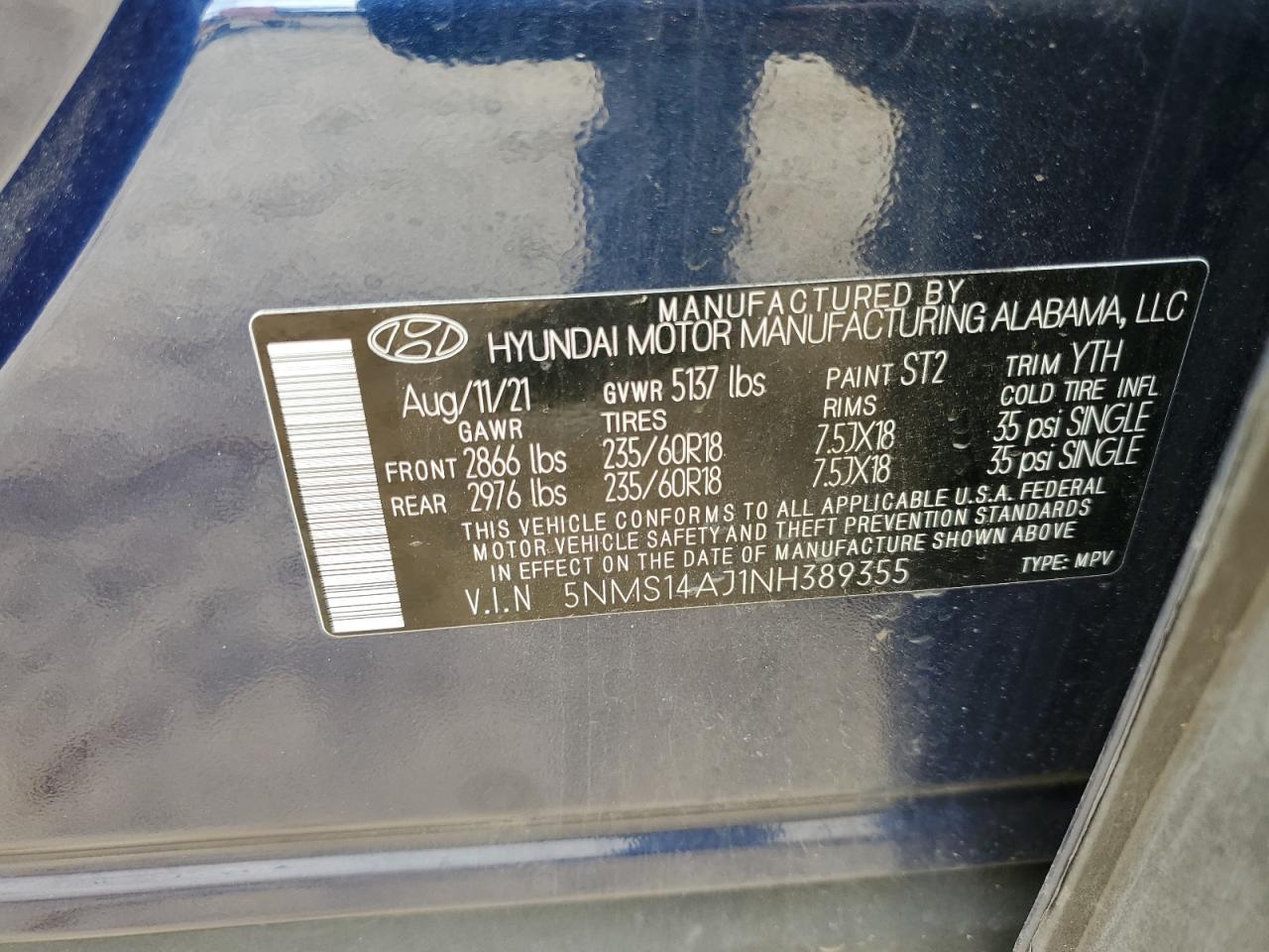 5NMS14AJ1NH389355 2022 Hyundai Santa Fe Se