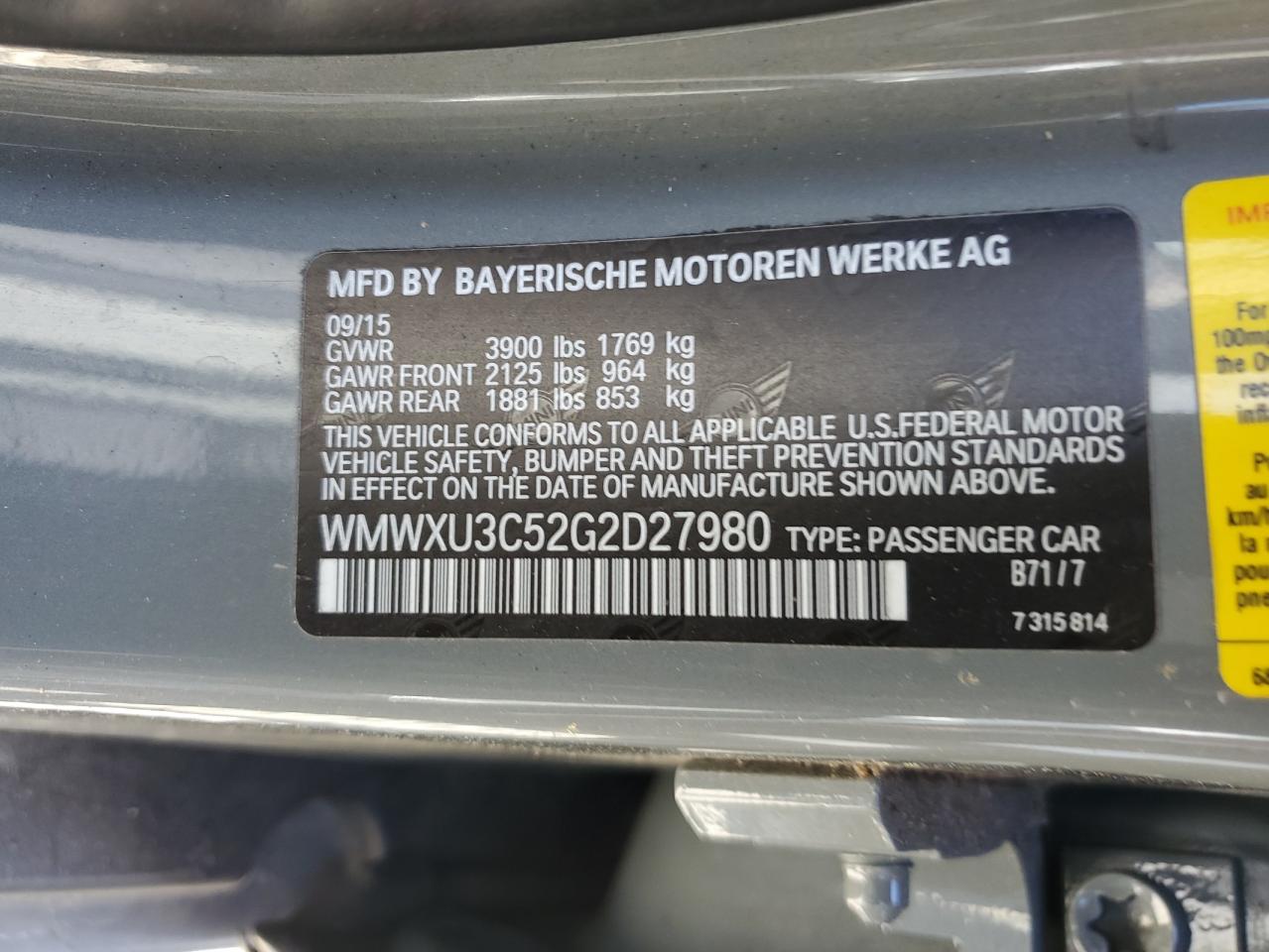 2016 Mini Cooper S VIN: WMWXU3C52G2D27980 Lot: 59881294