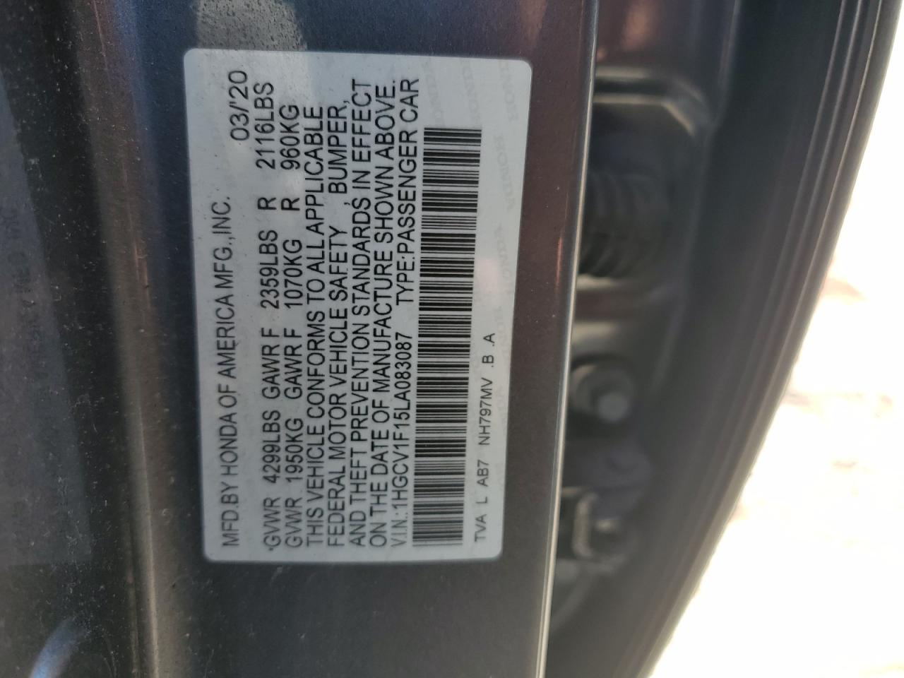 1HGCV1F15LA083087 2020 Honda Accord Lx