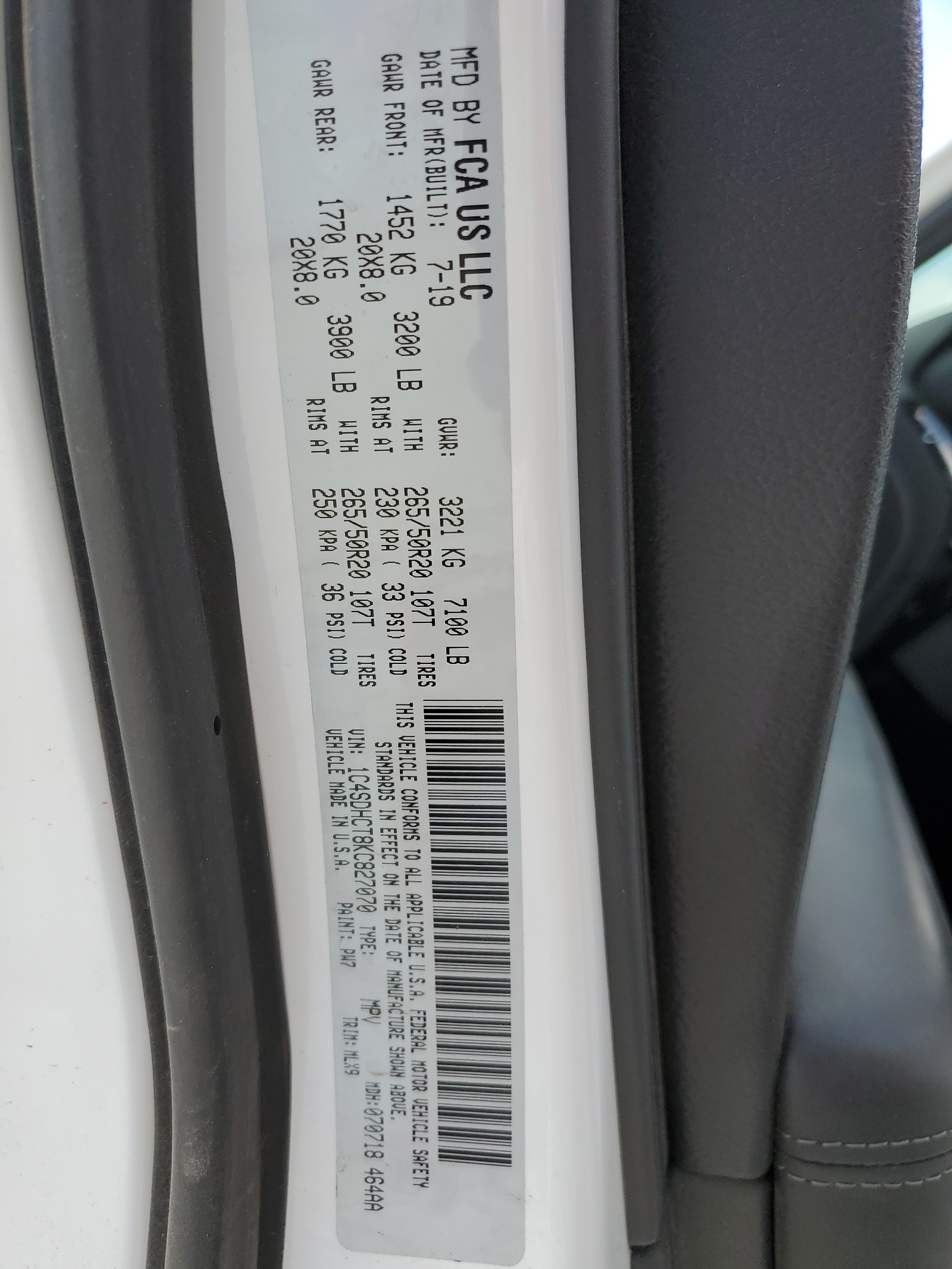 1C4SDHCT8KC827070 2019 Dodge Durango R/T