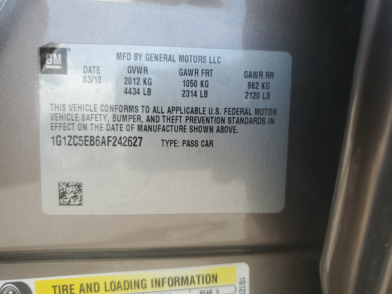 1G1ZC5EB6AF242627 2010 Chevrolet Malibu 1Lt