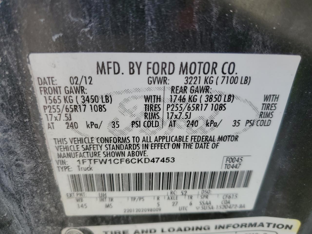 2012 Ford F150 Supercrew VIN: 1FTFW1CF6CKD47453 Lot: 59581084