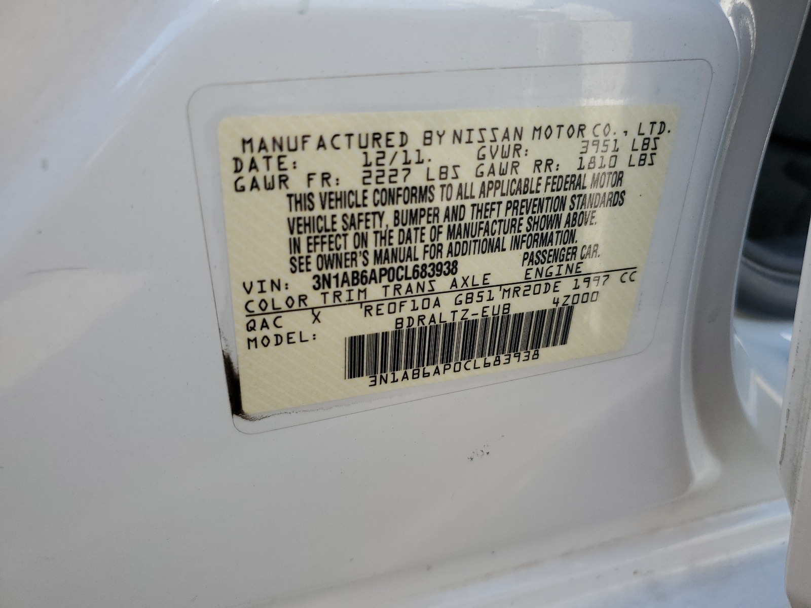 3N1AB6AP0CL683938 2012 Nissan Sentra 2.0