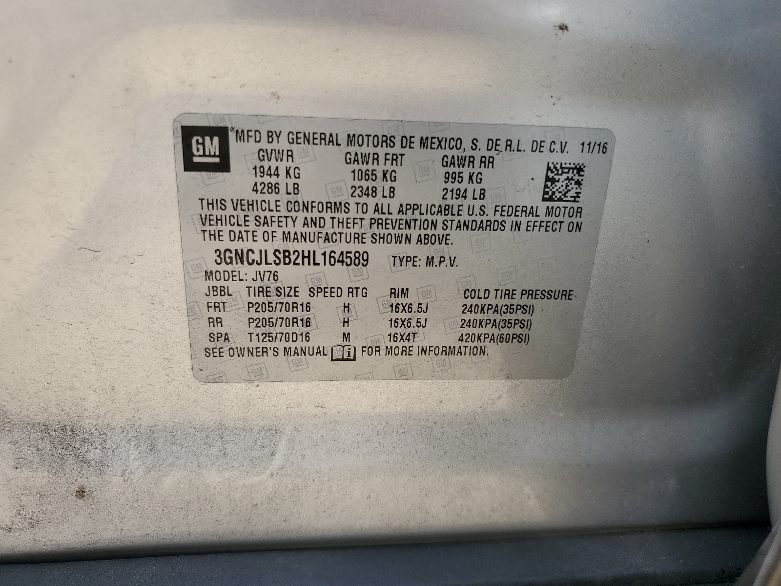 3GNCJLSB2HL164589 2017 Chevrolet Trax 1Lt