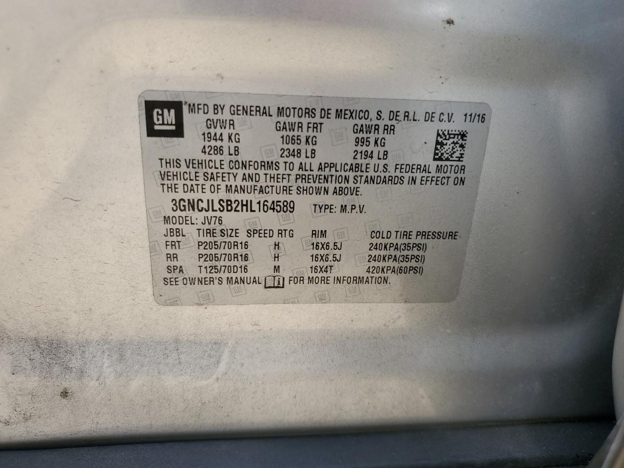 2017 Chevrolet Trax 1Lt VIN: 3GNCJLSB2HL164589 Lot: 60133814