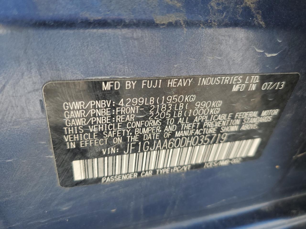 2013 Subaru Impreza VIN: JF1GJAA60DH035719 Lot: 58702804