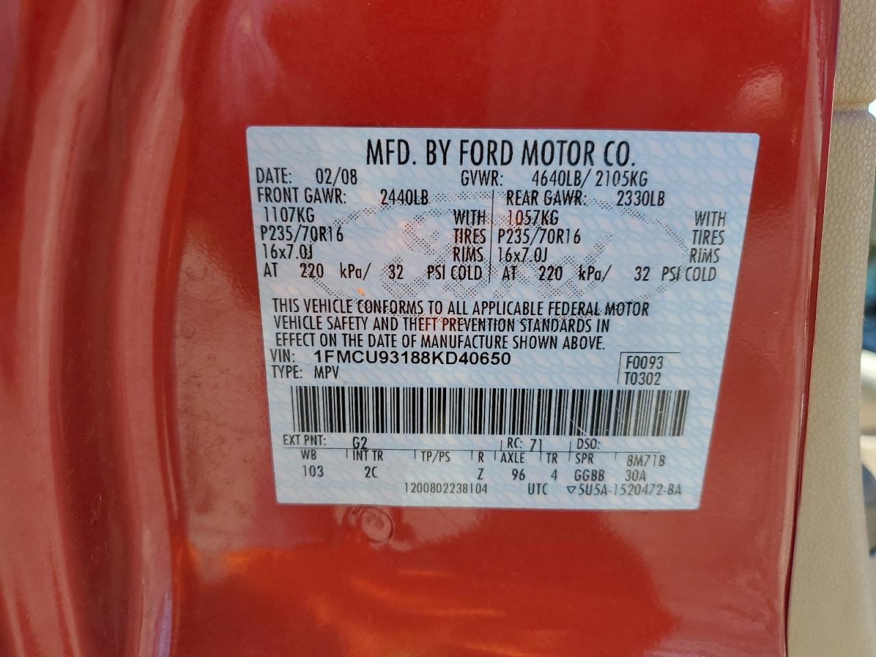 2008 Ford Escape Xlt VIN: 1FMCU93188KD40650 Lot: 57936774