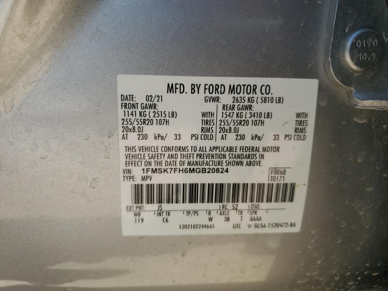 2021 Ford Explorer Limited VIN: 1FMSK7FH6MGB20824 Lot: 58264834