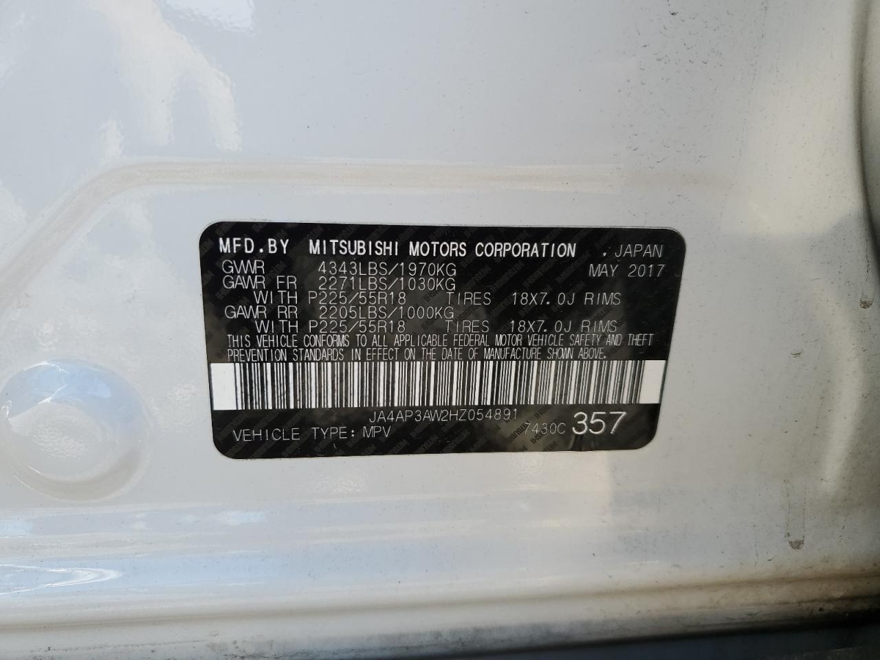 JA4AP3AW2HZ054891 2017 Mitsubishi Outlander Sport Es