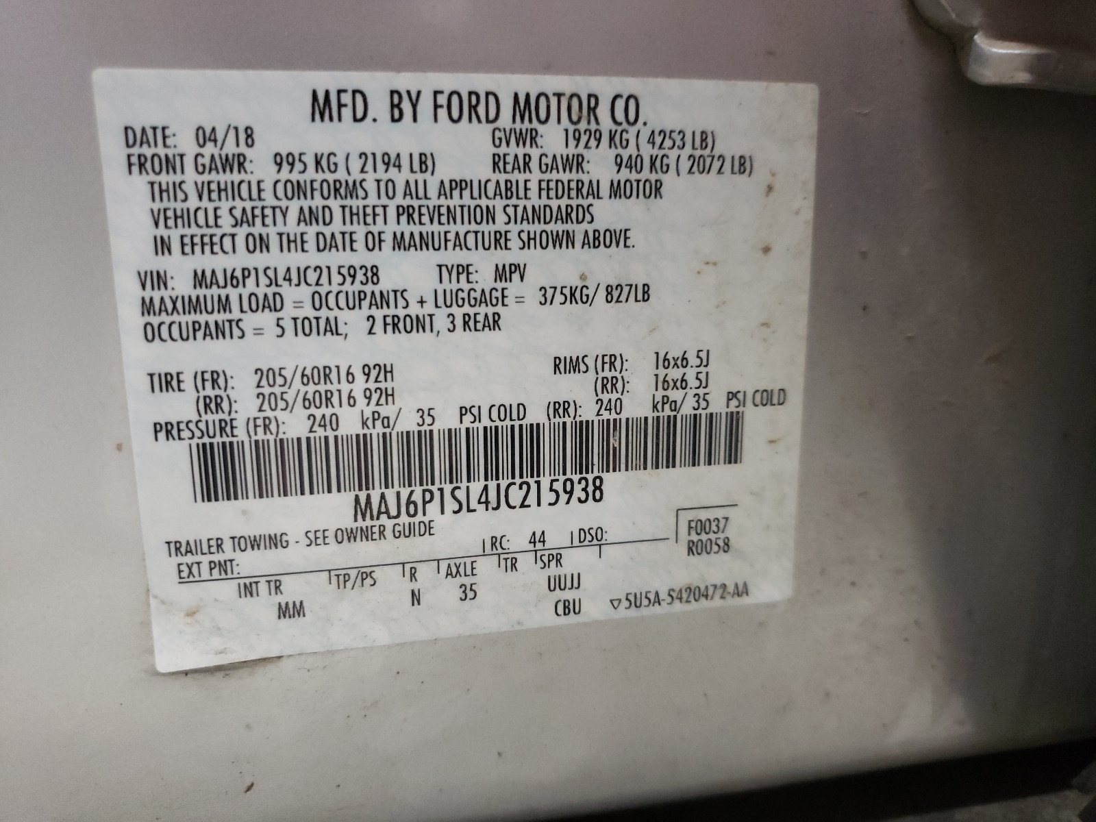 MAJ6P1SL4JC215938 2018 Ford Ecosport S