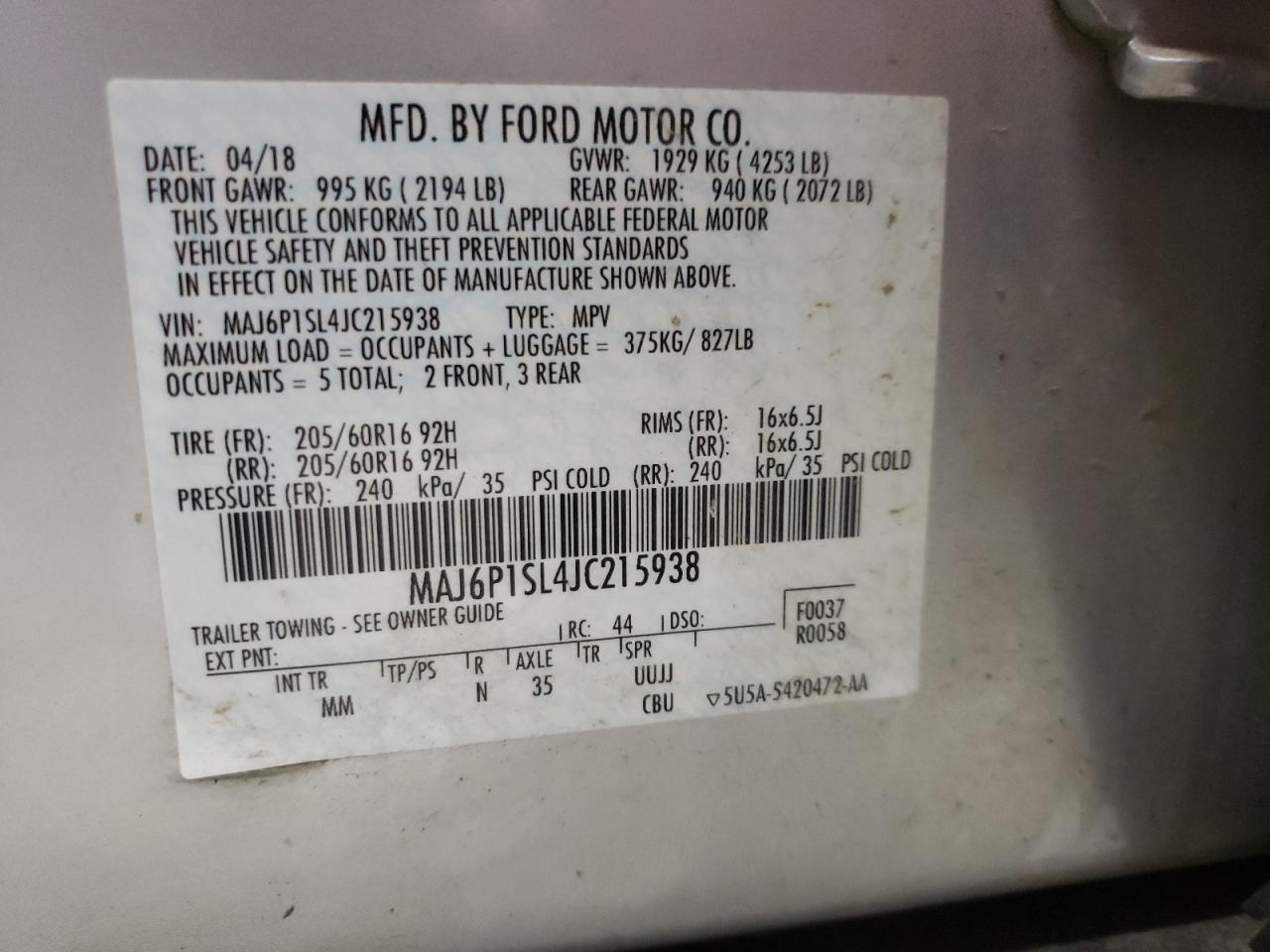 2018 Ford Ecosport S VIN: MAJ6P1SL4JC215938 Lot: 58166904