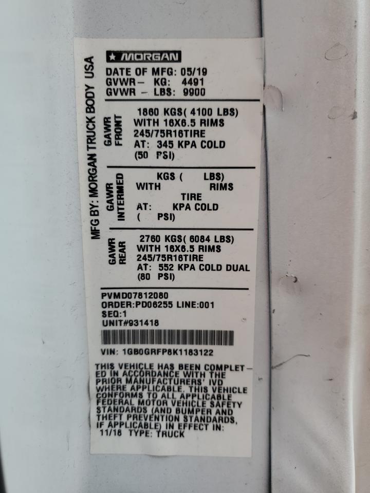 2019 Chevrolet Express G3500 VIN: 1GB0GRFP8K1183122 Lot: 60069904