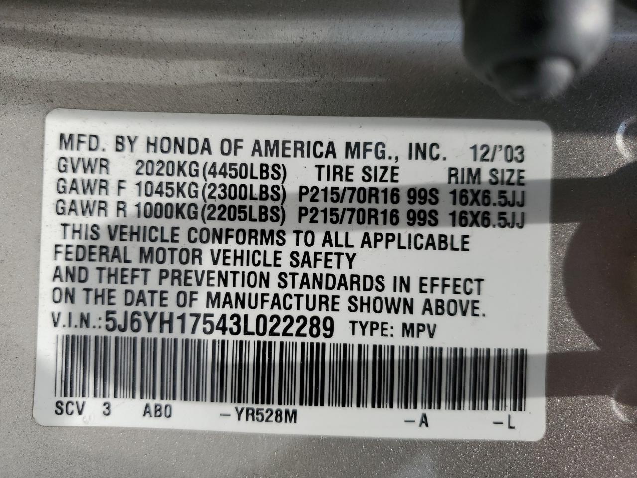 2003 Honda Element Ex VIN: 5J6YH17543L022289 Lot: 59833184