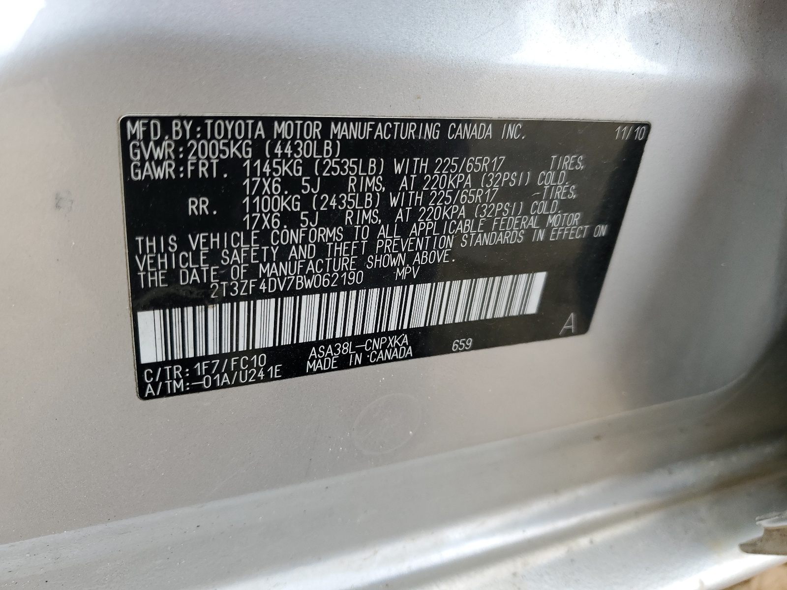 2T3ZF4DV7BW062190 2011 Toyota Rav4