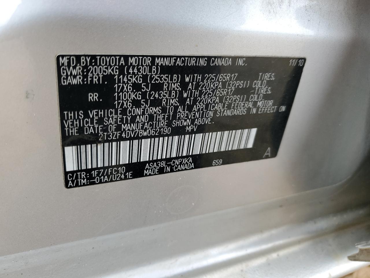 2011 Toyota Rav4 VIN: 2T3ZF4DV7BW062190 Lot: 57464524