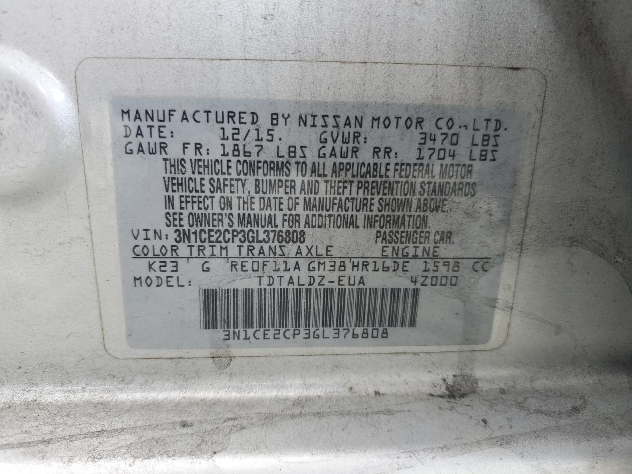 3N1CE2CP3GL376808 2016 Nissan Versa Note S