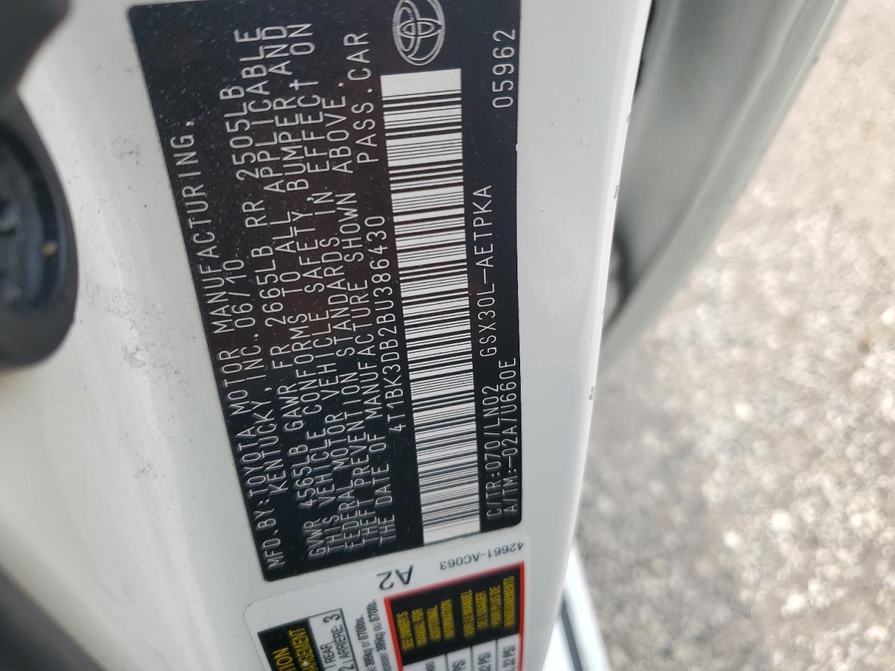 2011 Toyota Avalon Base VIN: 4T1BK3DB2BU386430 Lot: 57760964