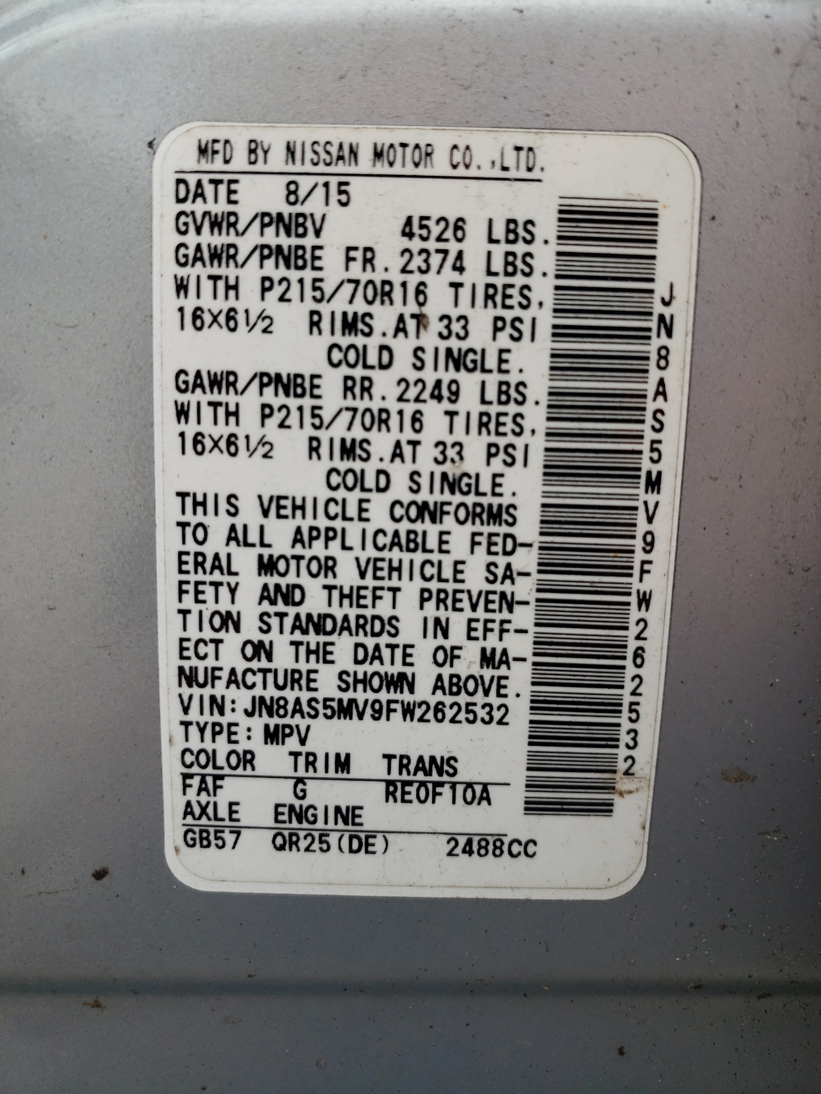 JN8AS5MV9FW262532 2015 Nissan Rogue Select S