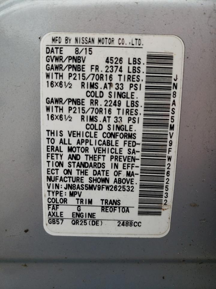 2015 Nissan Rogue Select S VIN: JN8AS5MV9FW262532 Lot: 60881484