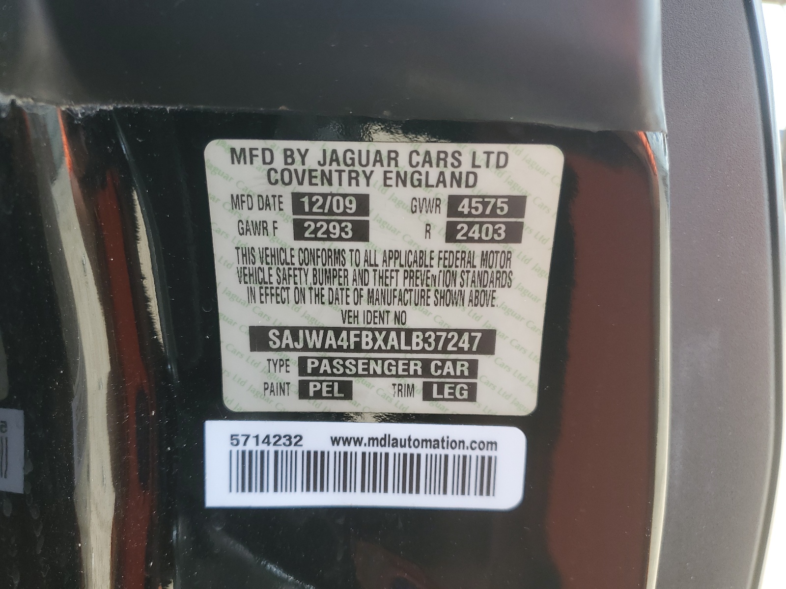 SAJWA4FBXALB37247 2010 Jaguar Xk Portfolio