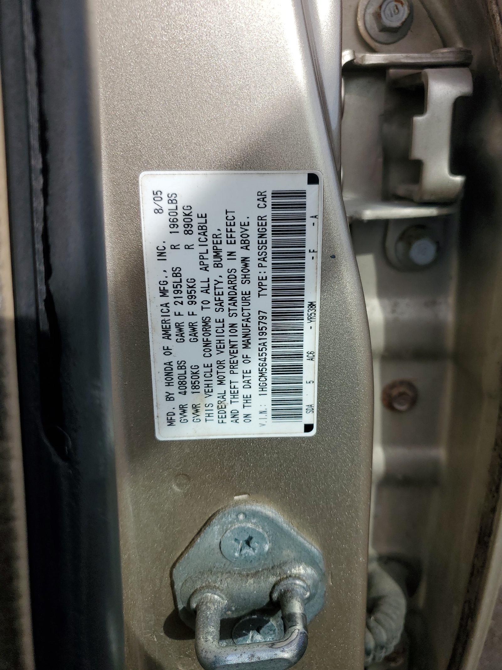 1HGCM56455A195797 2005 Honda Accord Lx