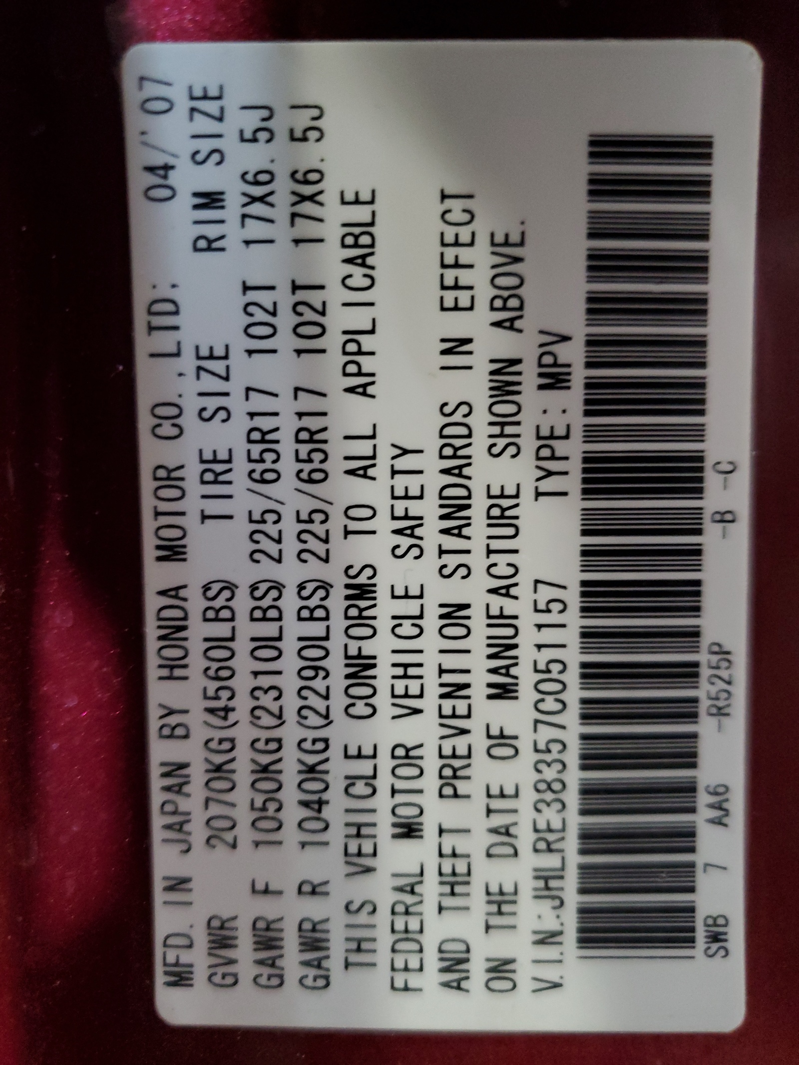 JHLRE38357C051157 2007 Honda Cr-V Lx