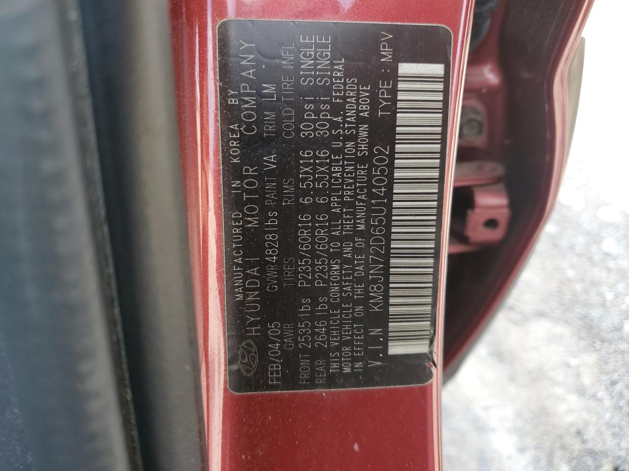 2005 Hyundai Tucson Gls VIN: KM8JN72D65U140502 Lot: 59151824