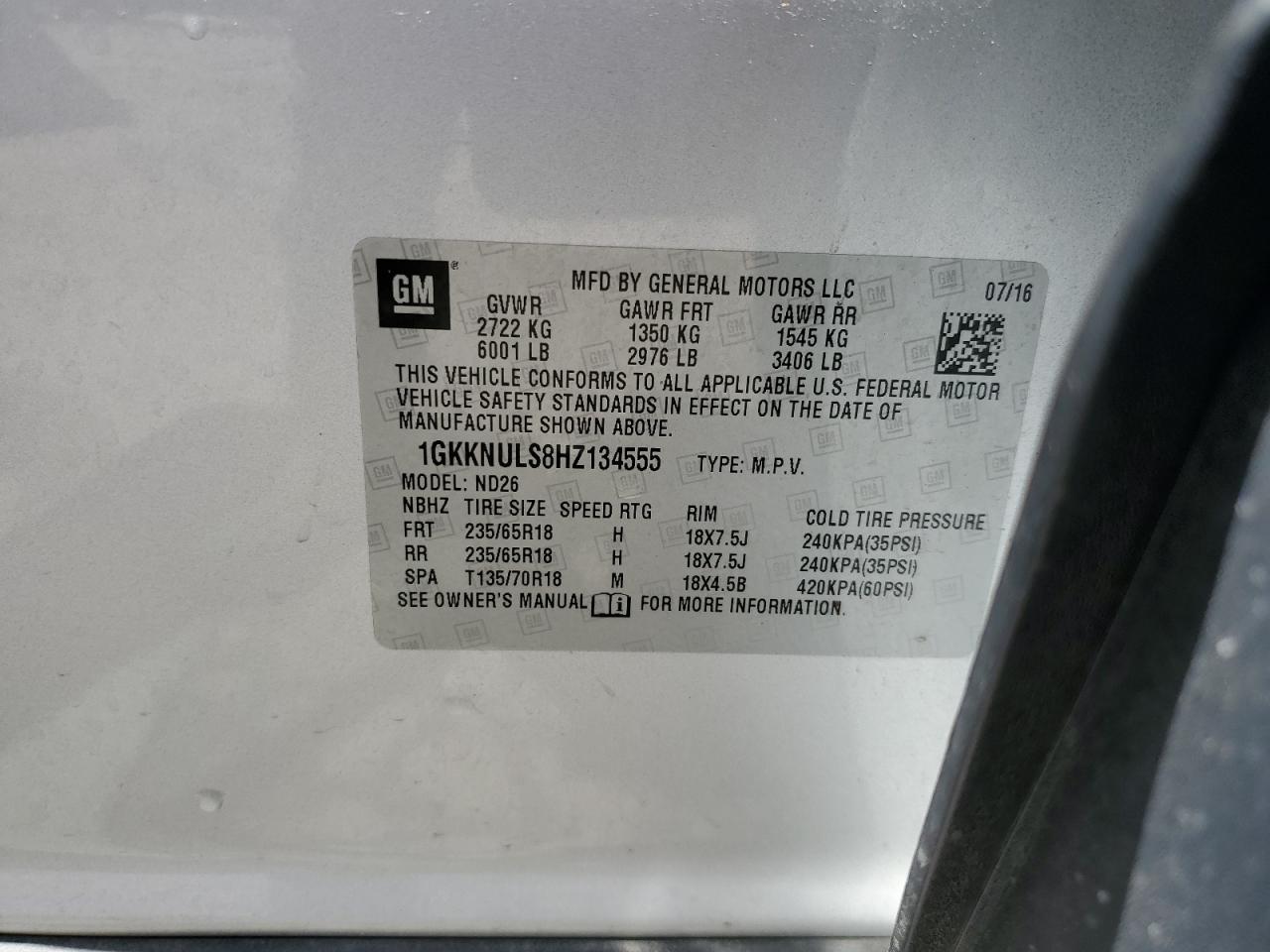 2017 GMC Acadia Slt-1 VIN: 1GKKNULS8HZ134555 Lot: 59513994