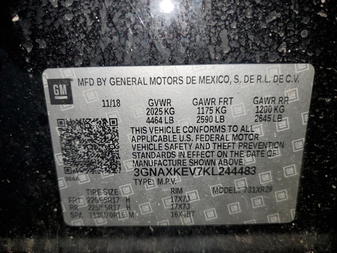 2019 Chevrolet Equinox Lt VIN: 3GNAXKEV7KL244483 Lot: 59308354