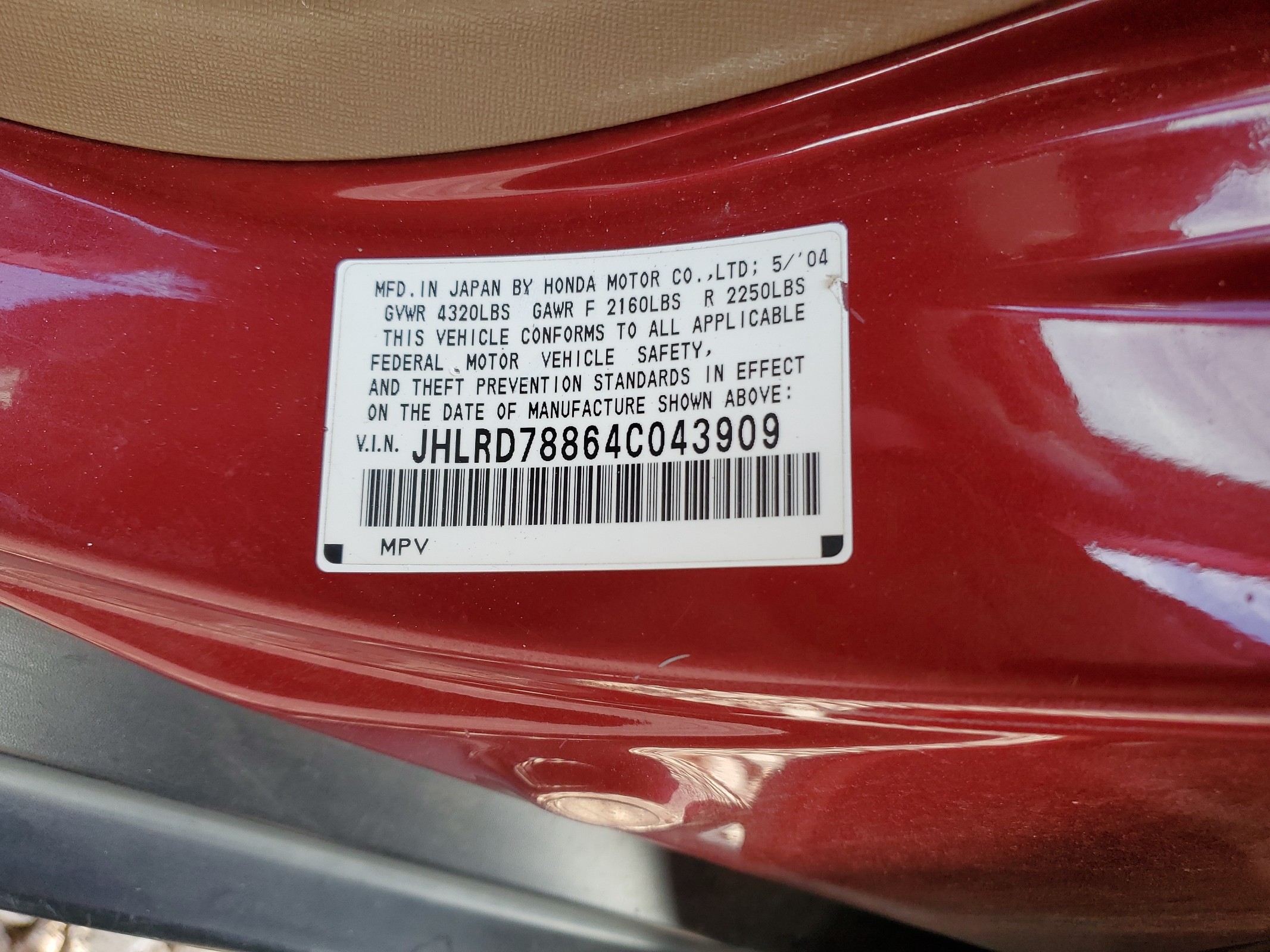 JHLRD78864C043909 2004 Honda Cr-V Ex