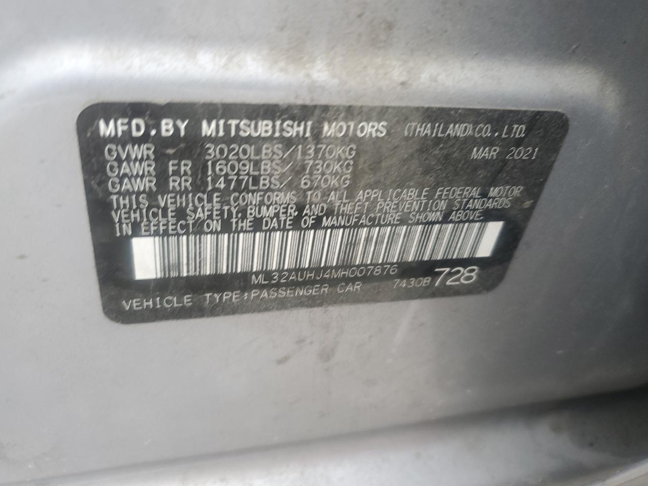 2021 Mitsubishi Mirage Es VIN: ML32AUHJ4MH007876 Lot: 61017854