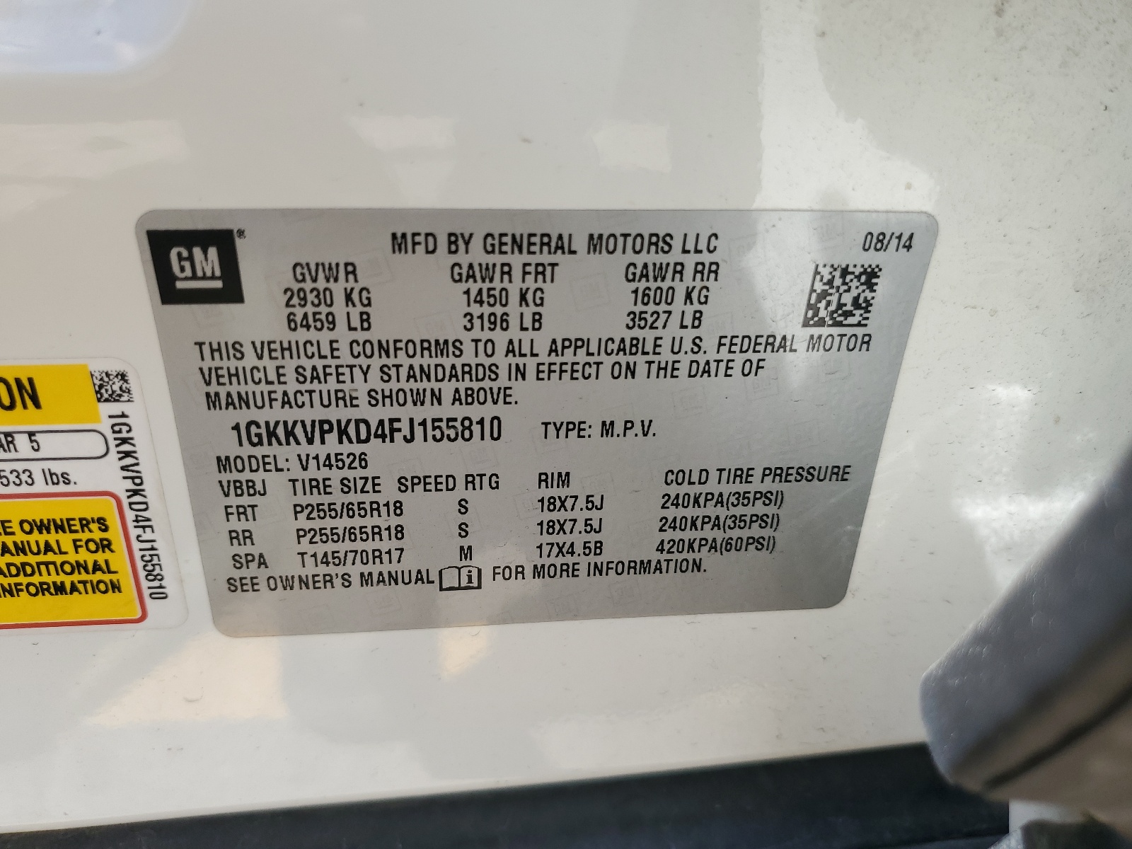 1GKKVPKD4FJ155810 2015 GMC Acadia Sle