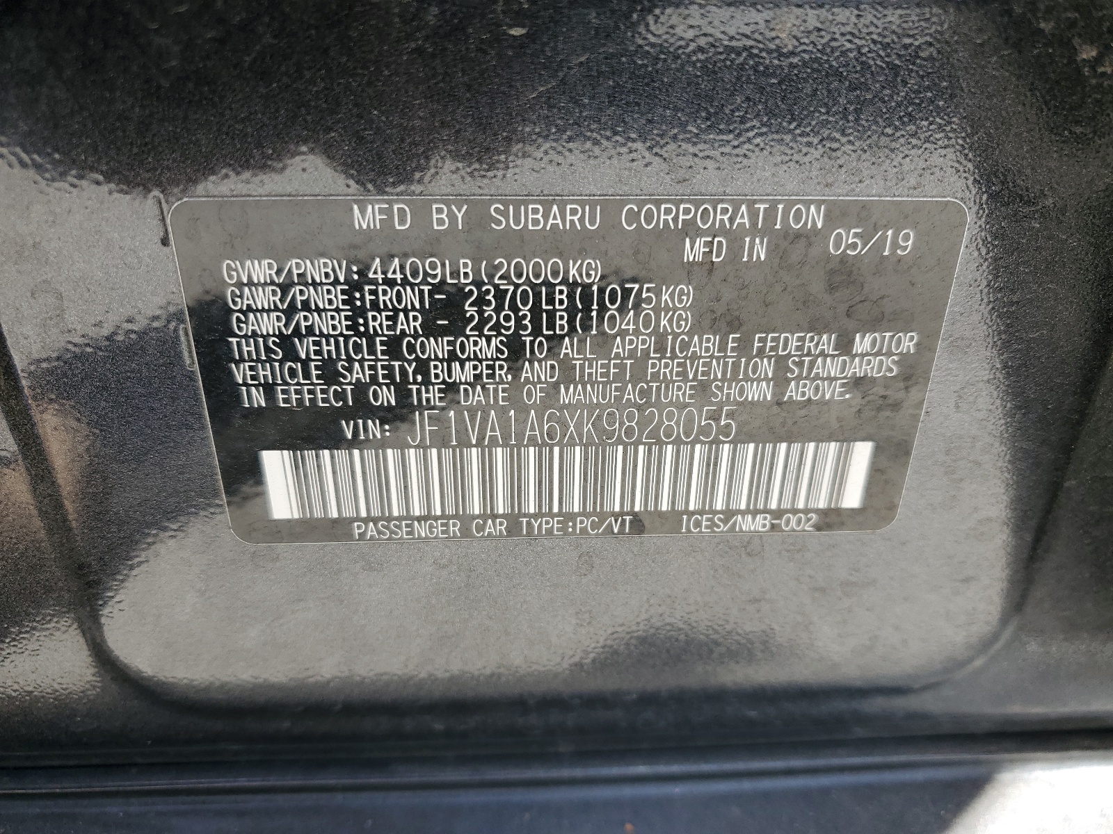 JF1VA1A6XK9828055 2019 Subaru Wrx