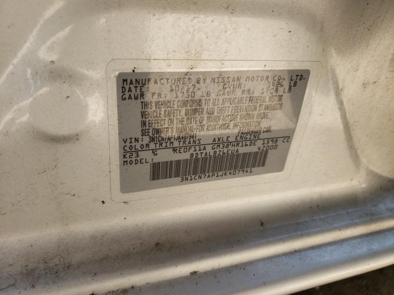 2018 Nissan Versa S VIN: 3N1CN7AP1JK407941 Lot: 58135634