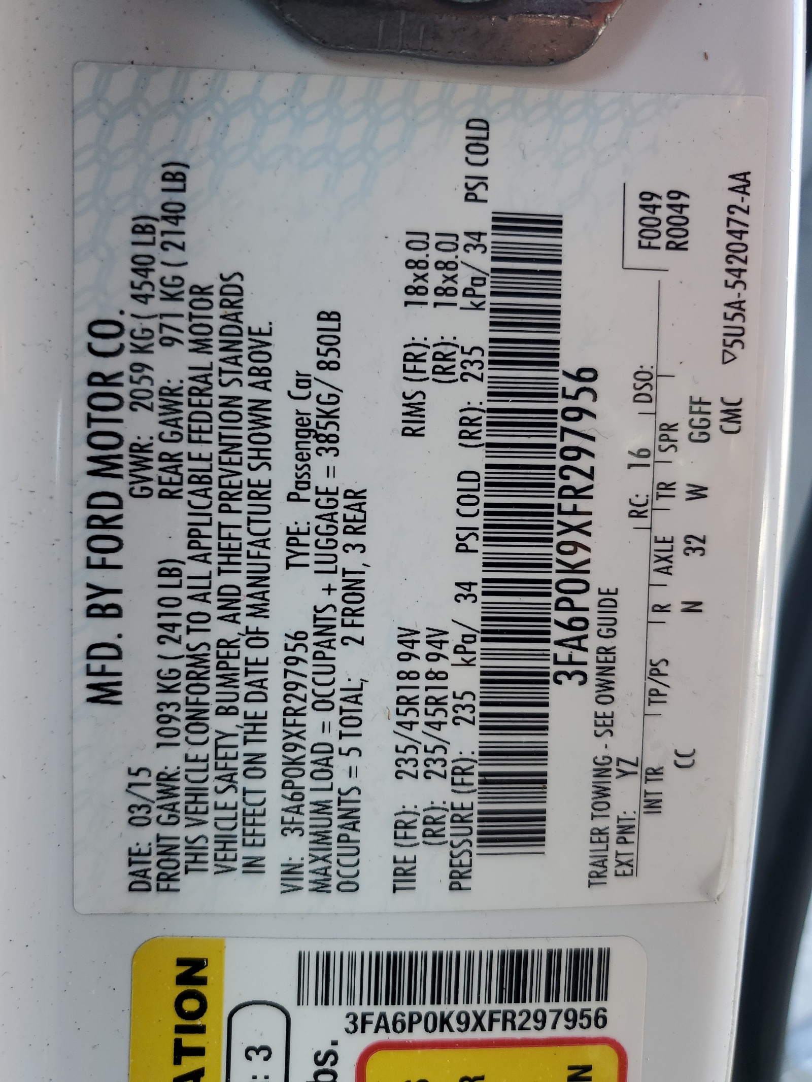 3FA6P0K9XFR297956 2015 Ford Fusion Titanium