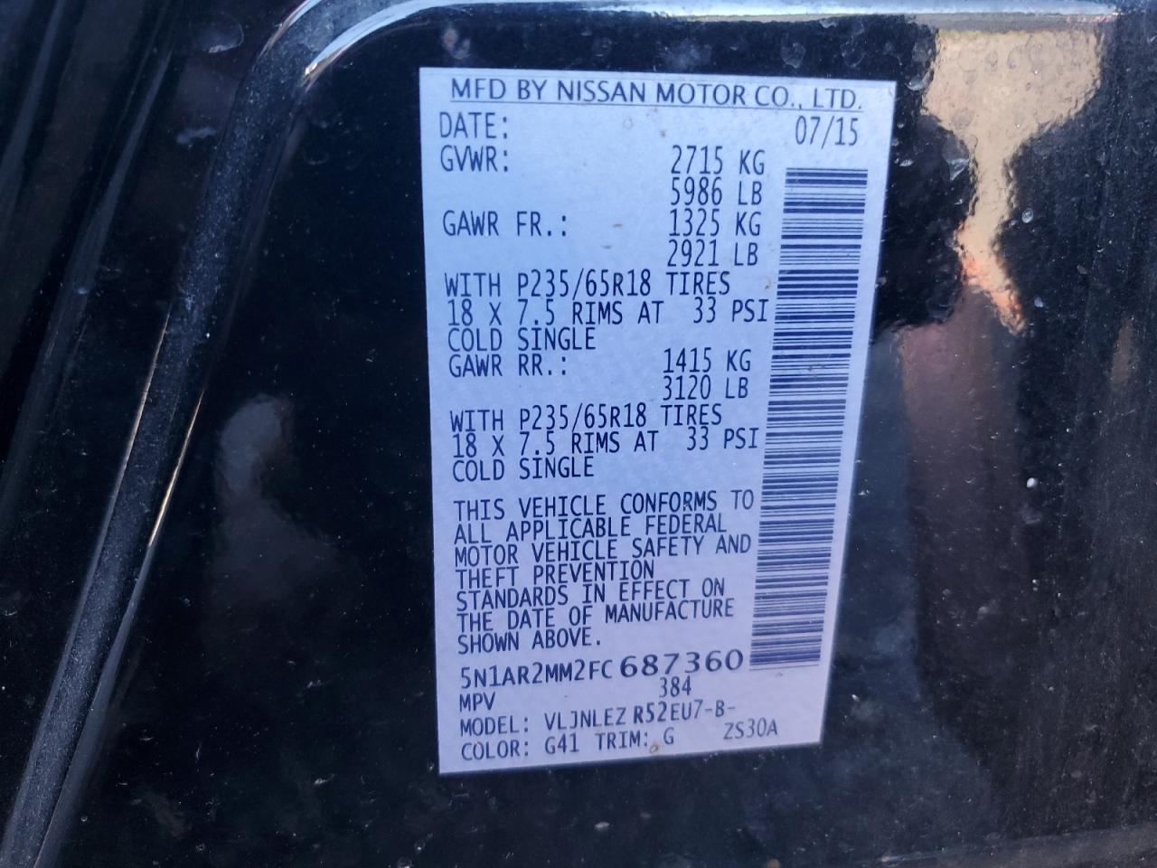 2015 Nissan Pathfinder S VIN: 5N1AR2MM2FC687360 Lot: 60195124