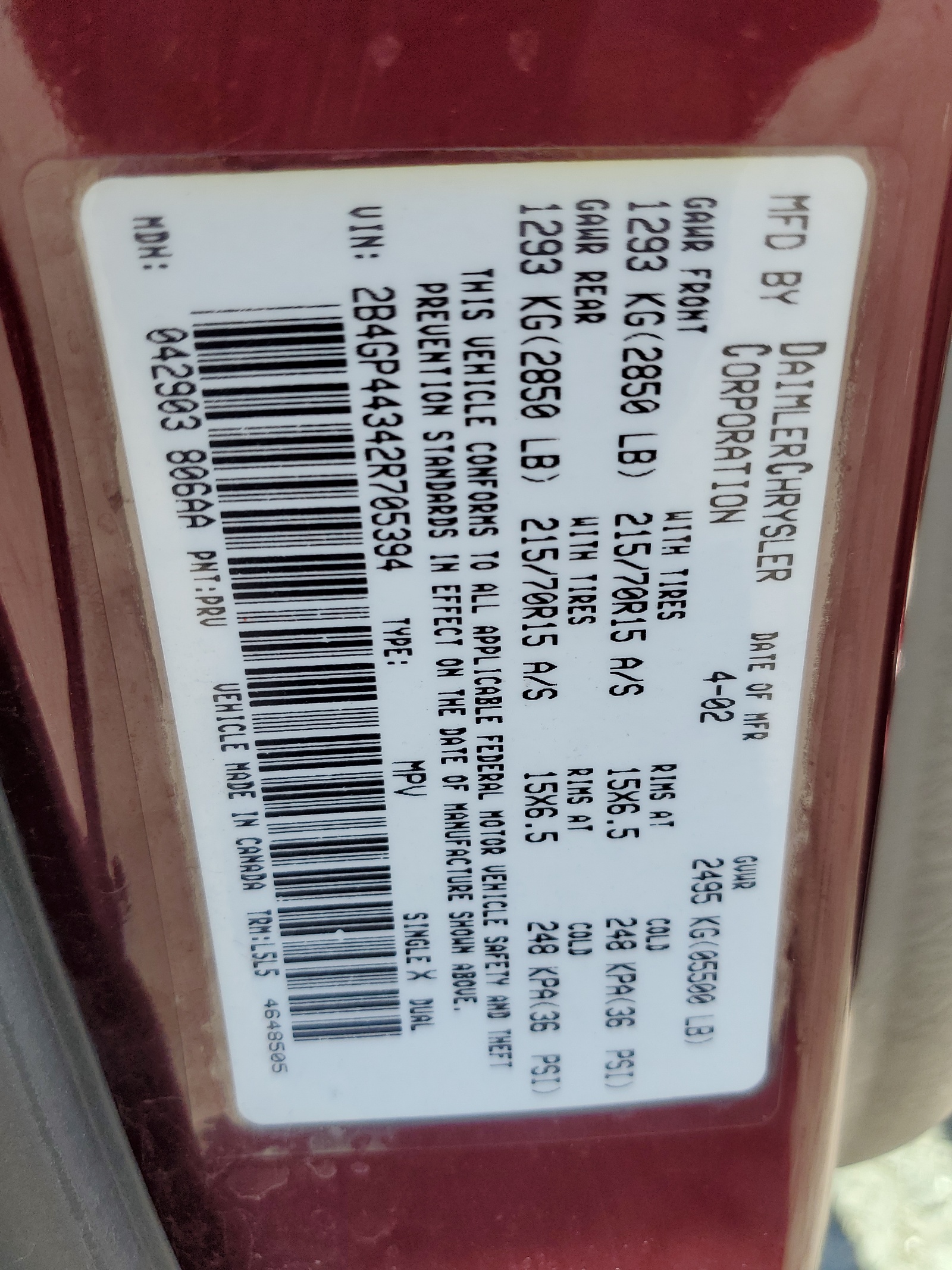 2B4GP44342R705394 2002 Dodge Grand Caravan Sport