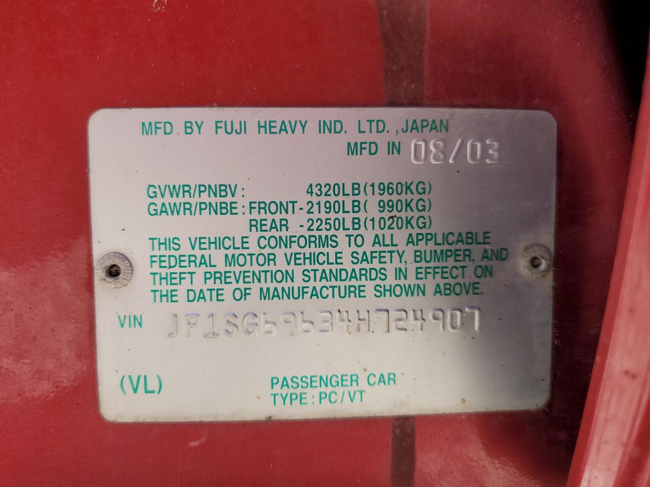 2004 Subaru Forester 2.5Xt VIN: JF1SG69634H724907 Lot: 58579684