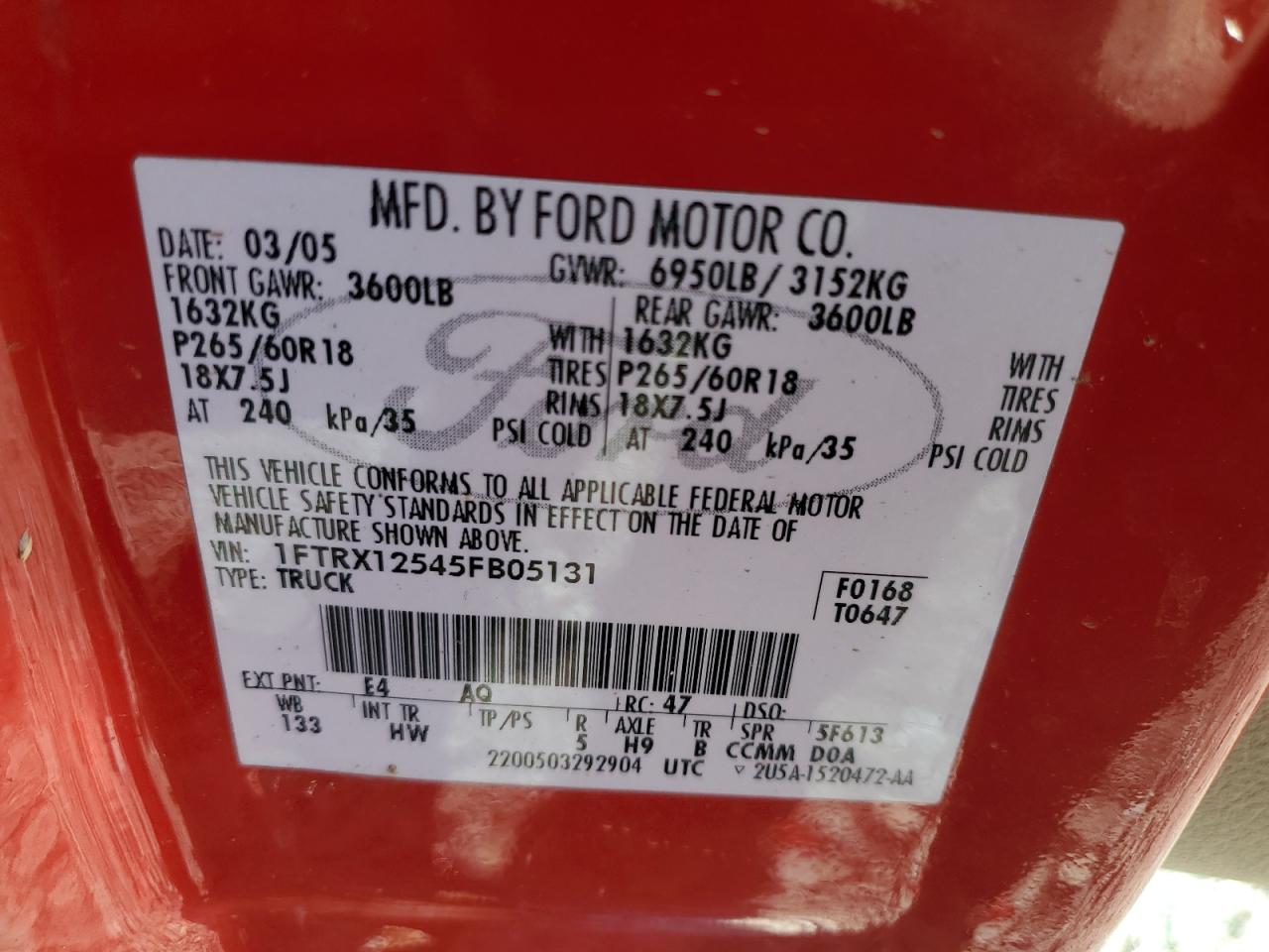 2005 Ford F150 VIN: 1FTRX12545FB05131 Lot: 58404284