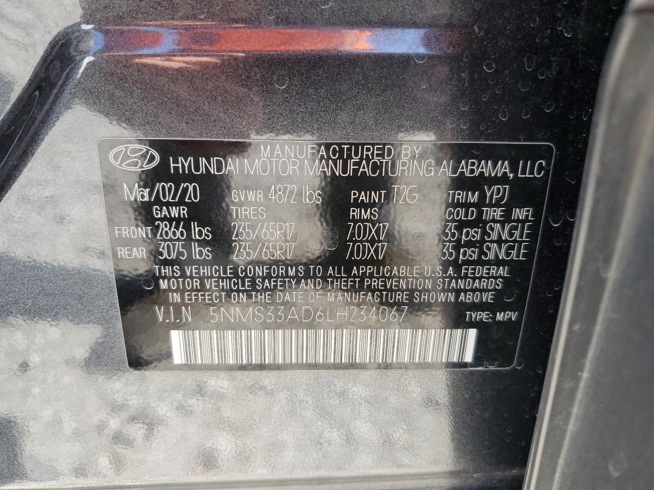 2020 Hyundai Santa Fe Sel VIN: 5NMS33AD6LH234067 Lot: 58447974