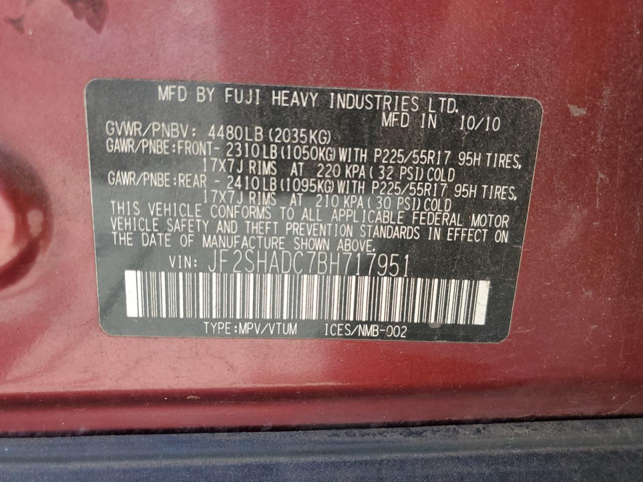 2011 Subaru Forester 2.5X Premium VIN: JF2SHADC7BH717951 Lot: 57729924