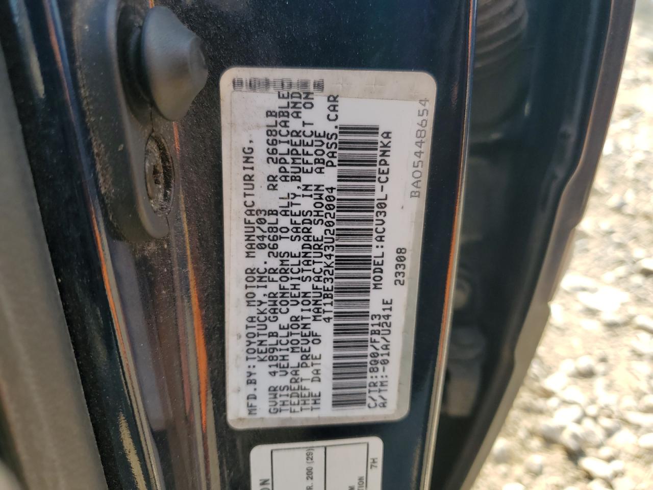 2003 Toyota Camry Le VIN: 4T1BE32K43U202004 Lot: 59585954