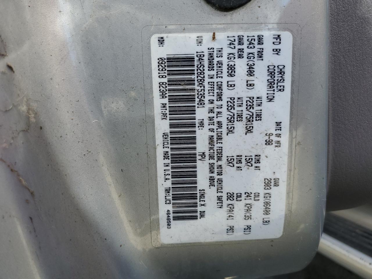 1999 Dodge Durango VIN: 1B4HS28Z8XF535481 Lot: 58781354