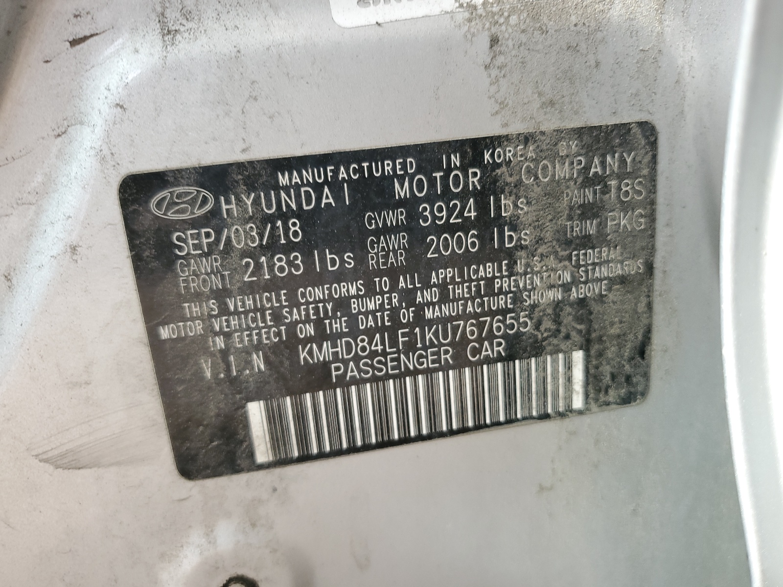 KMHD84LF1KU767655 2019 Hyundai Elantra Sel