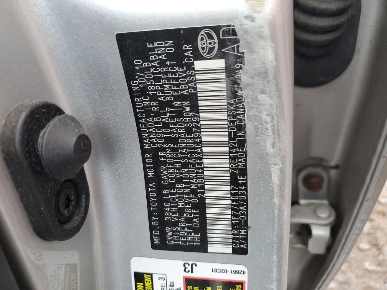 2010 Toyota Corolla Base VIN: 2T1BU4EEXAC497297 Lot: 45840345