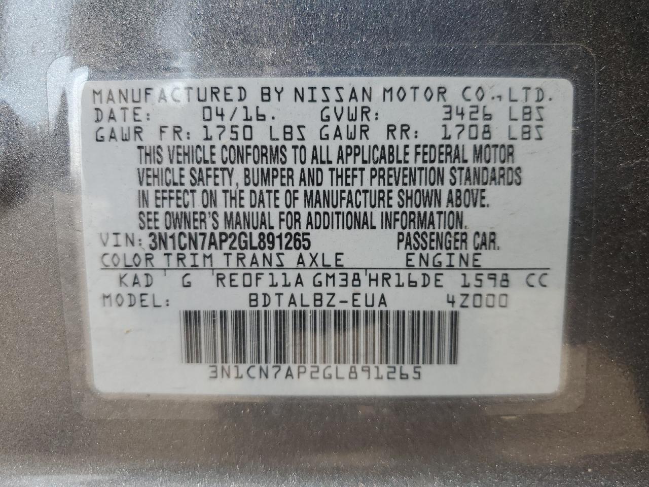 3N1CN7AP2GL891265 2016 Nissan Versa S