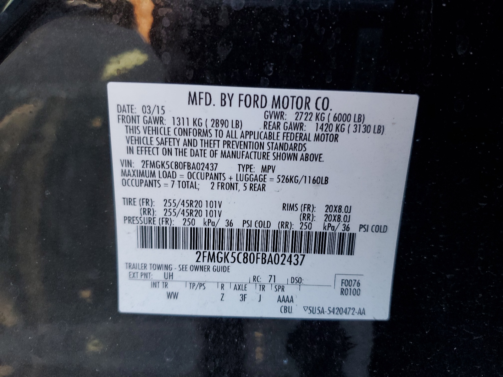 2FMGK5C80FBA02437 2015 Ford Flex Sel