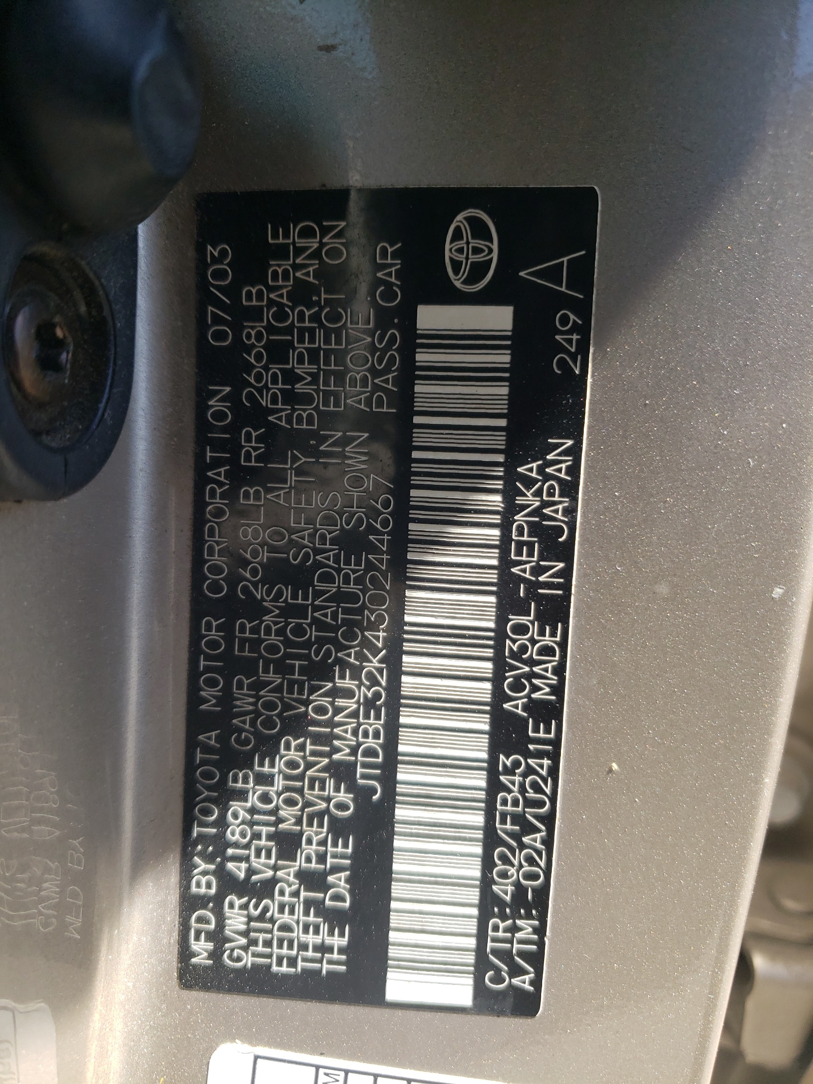 JTDBE32K430244667 2003 Toyota Camry Le